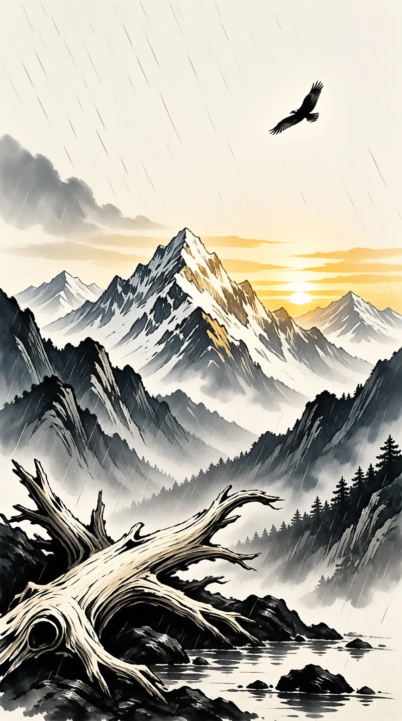 Watercolor painting of mountains under a rainy sky with a sunset and a flying bird above driftwood.