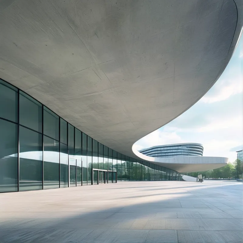 A sweeping board formed roof cantilevers above floor to ceiling glazing, its pale plaza washed by low daylight and cloud