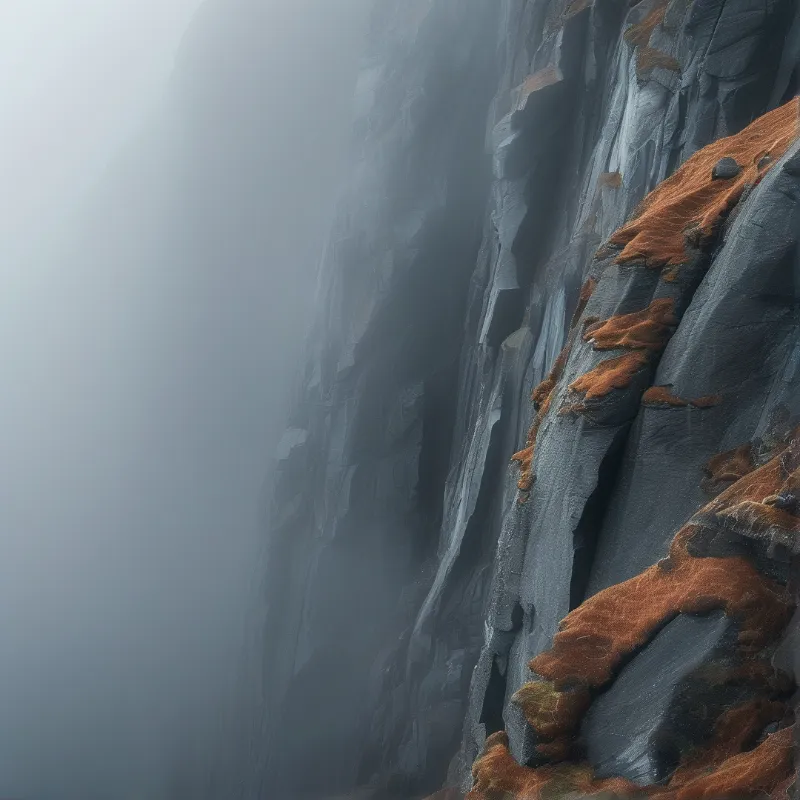 Dark rock rises on the right while the left vanishes into thick mist and orange vegetation clings to the stone face.