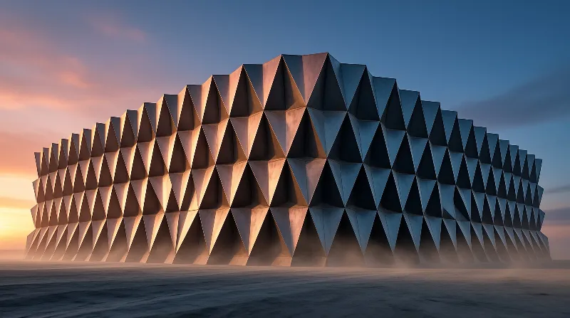 A long wall of triangular concrete fins catches pink sunset light while dust drifts across the empty desert floor.