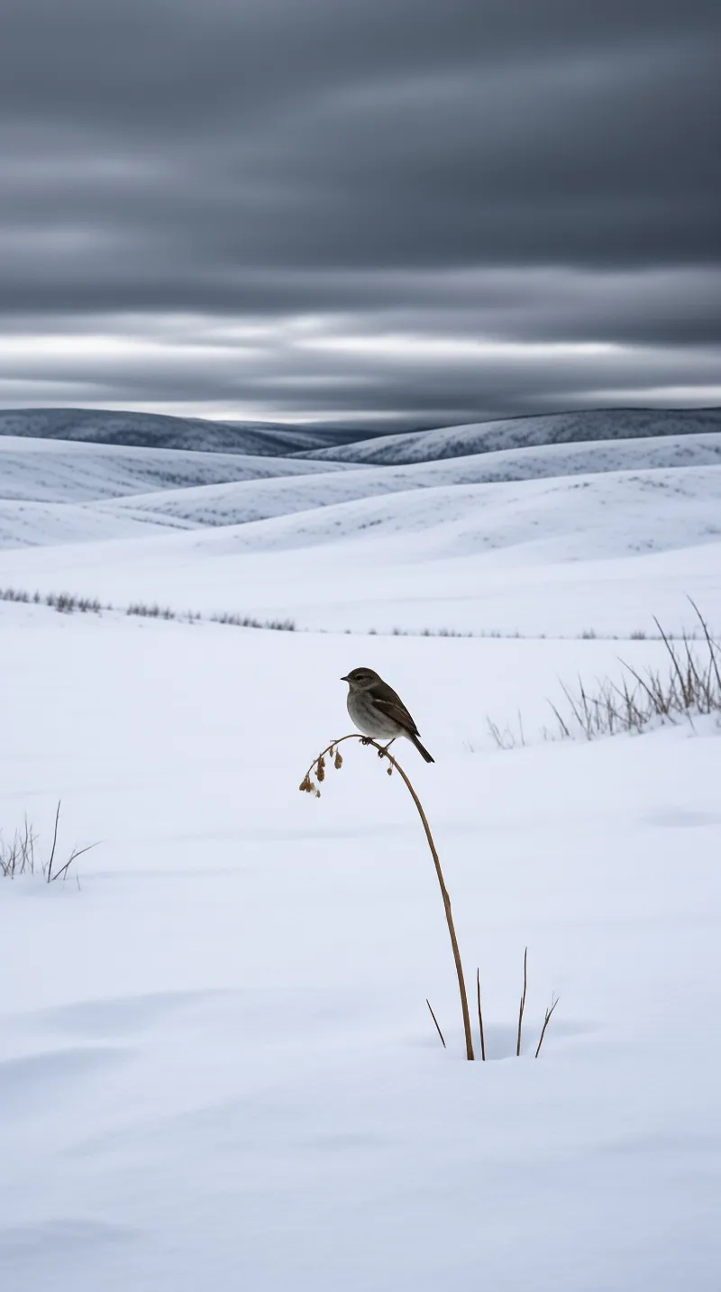 A small bird rests atop a curving dried grass stem surrounded by vast white snowfields and rolling hills.