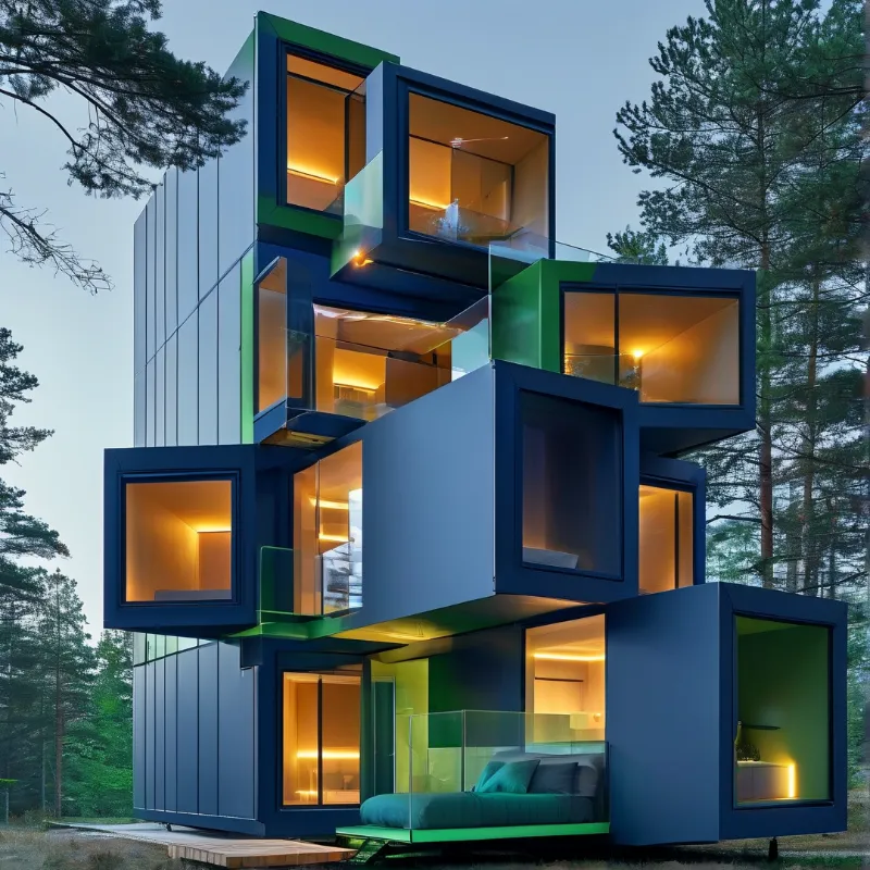 Stacked blue cube house with green edges stands in a pine forest at dusk, its windows glowing warm orange.