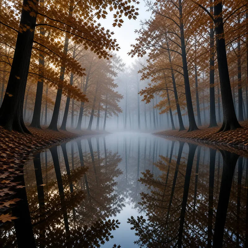 Misty Autumn Forest Reflection