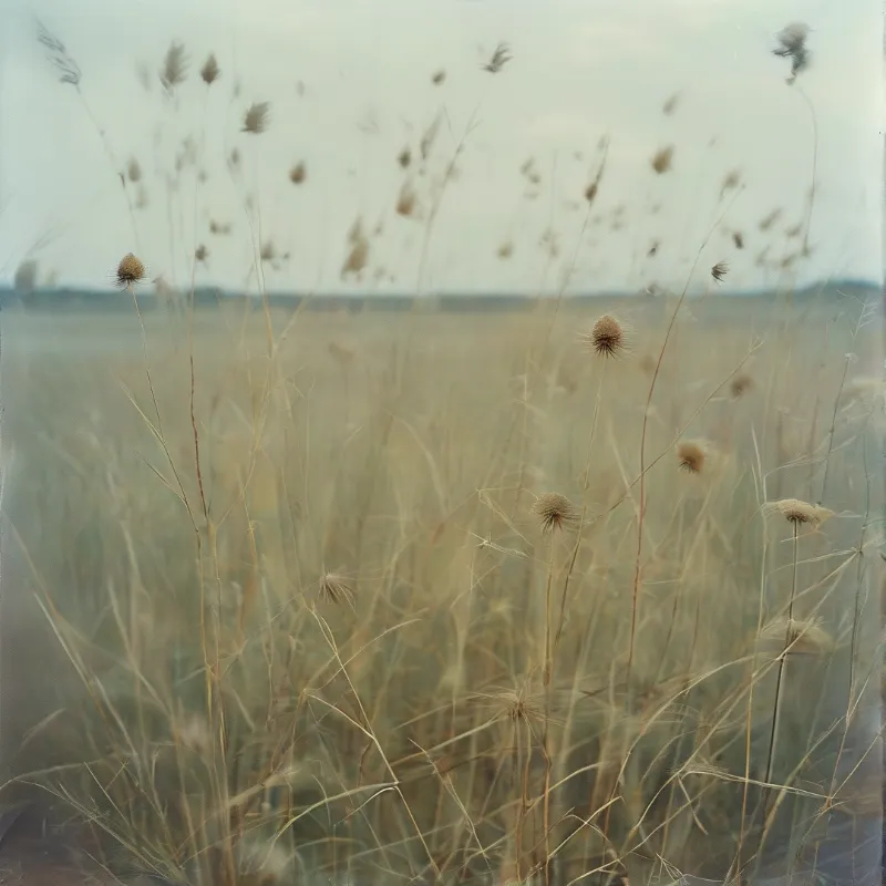 Dried wild plants and grasses sway gently in a soft focus field with a hazy ethereal aesthetic and pale colors.