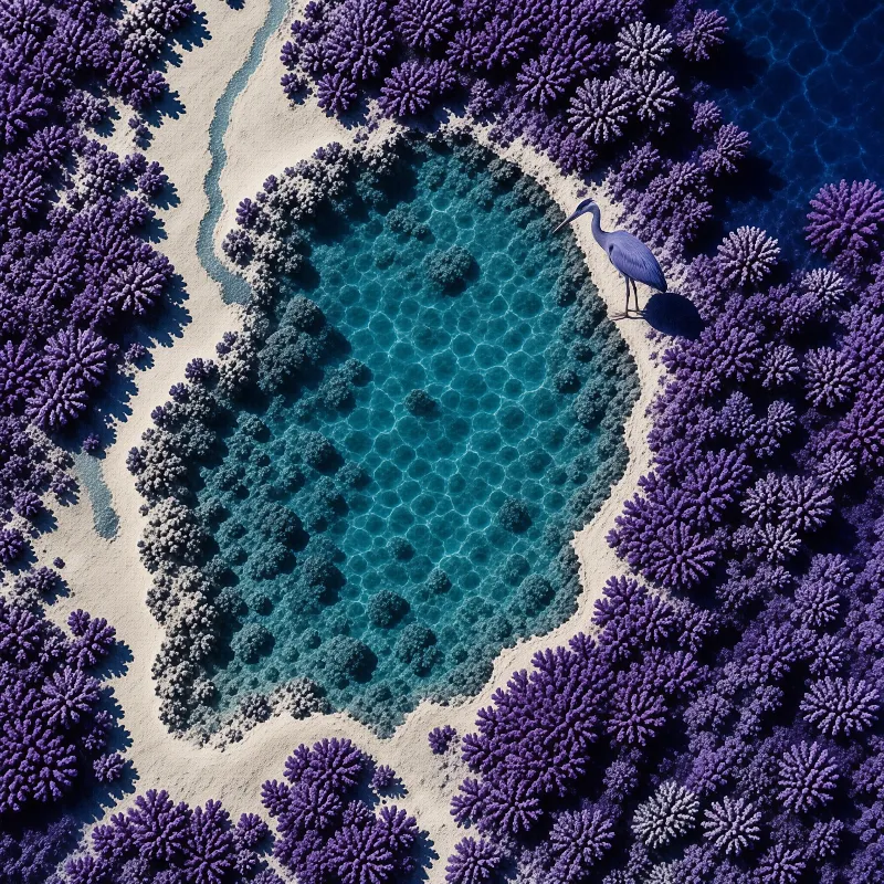 A blue heron stands on the sandy edge of a turquoise pool surrounded by dense purple coral formations under bright sunlight.
