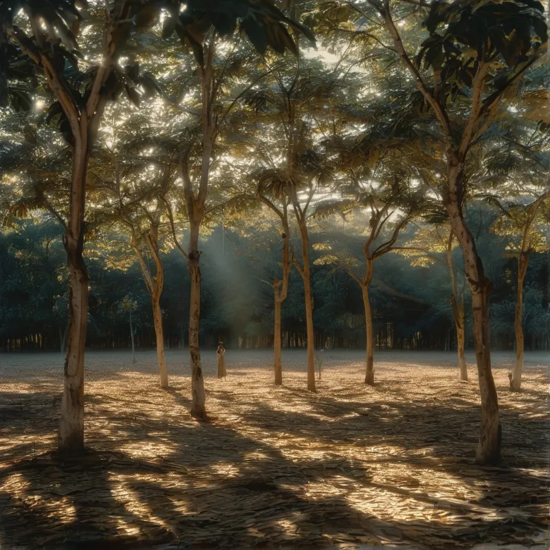 Tall trees frame a clearing where a distant figure stands among dry leaves and long shadows cast by the low sun.