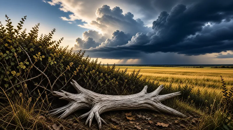 A weathered grey log lies in front of a golden field beneath dark clouds with sunbeams breaking through the sky.