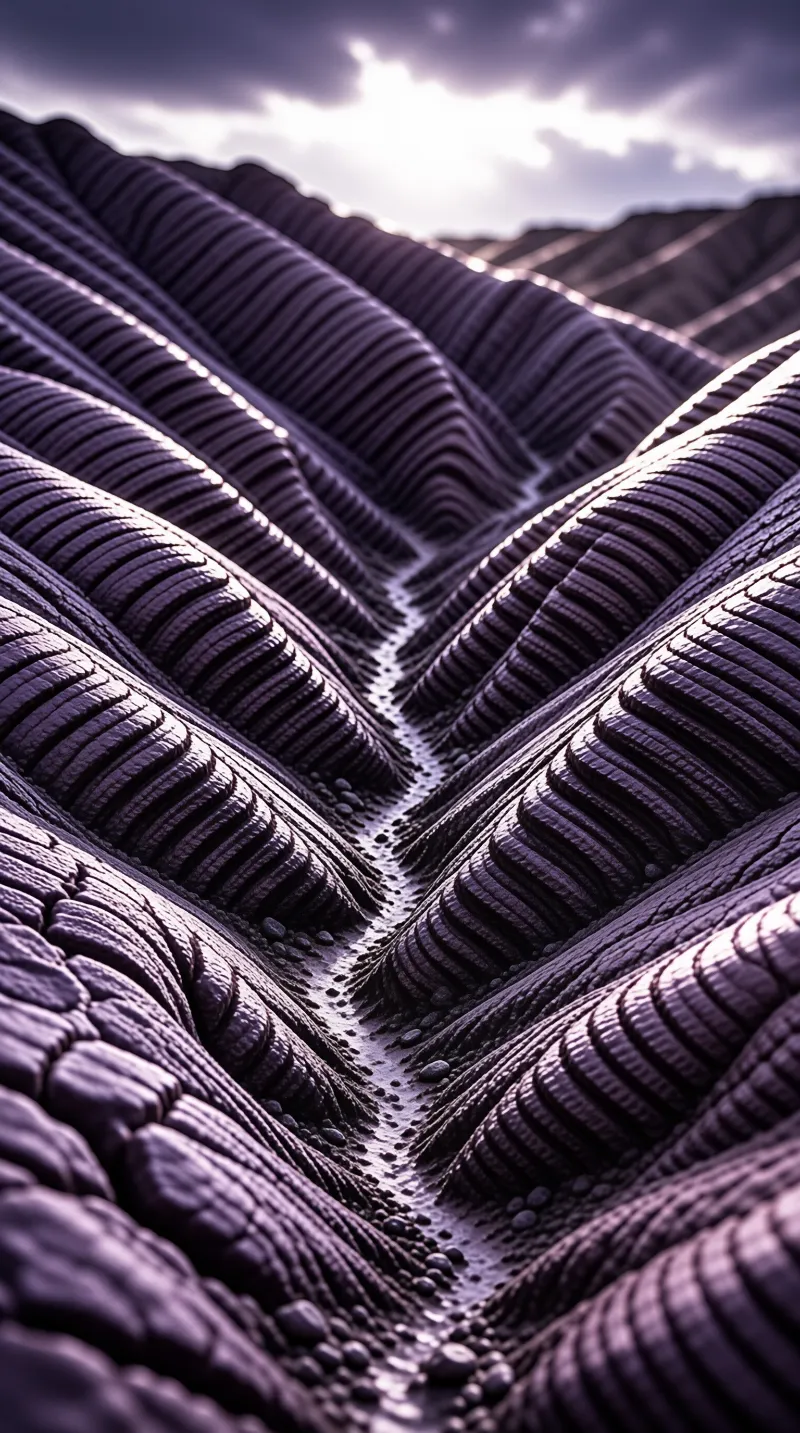 Deep purple rock cliffs show layered striations beneath a bright cloudy sky with lighting across the rugged terrain.