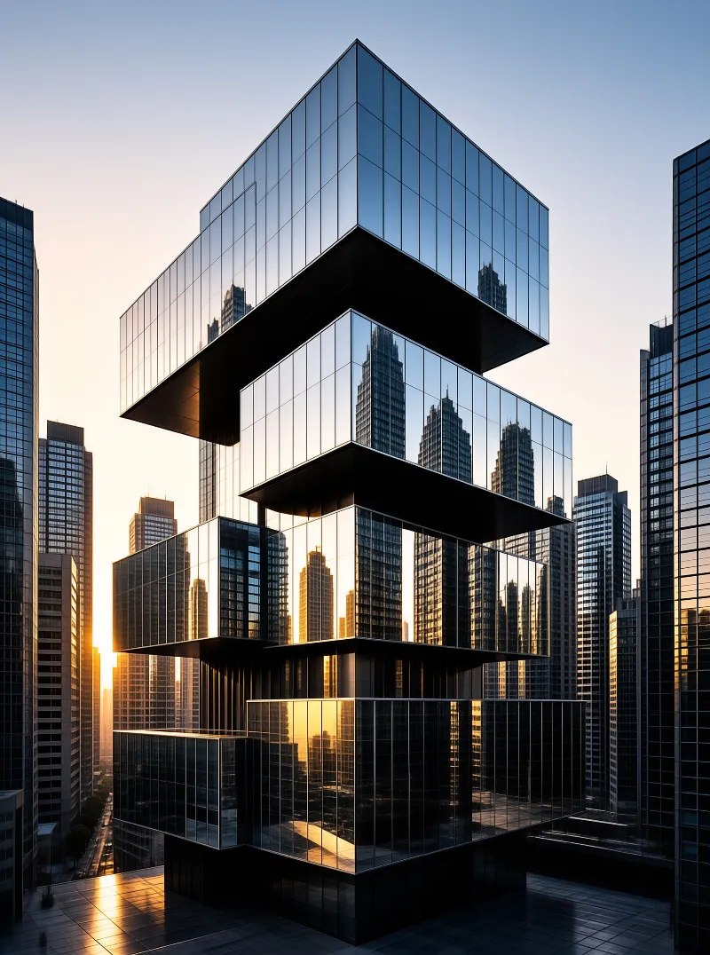 A modern glass skyscraper with stacked volumes reflects warm sunset light while surrounded by other urban towers.