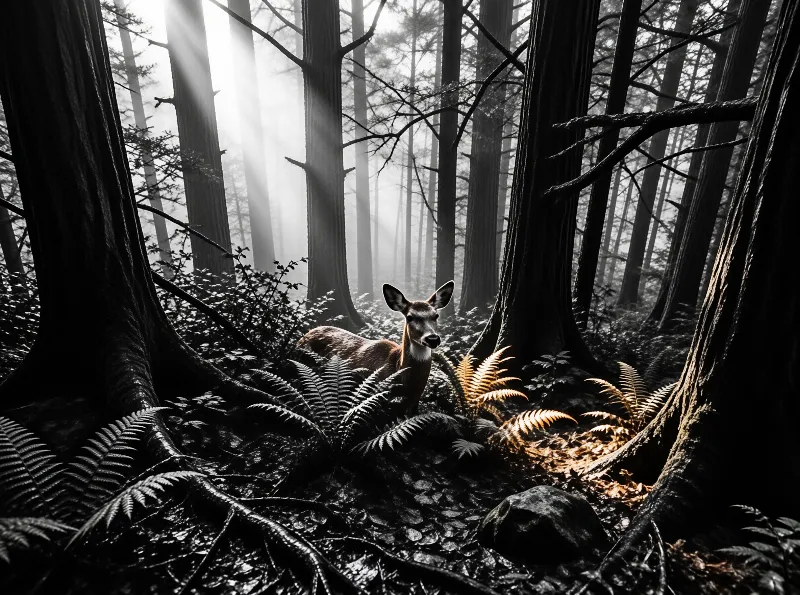 A solitary deer stands among ferns while a shaft of sunlight cuts through the foggy trees.
