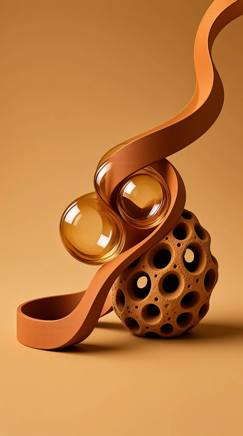 A copper-toned ribbon curves around two amber glass orbs beside a porous sphere on a warm tan backdrop.