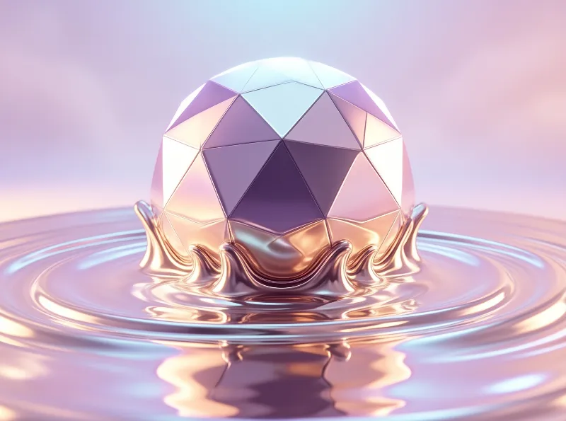 A low polygon sphere hovers above a rippling surface of liquid metal under a pastel gradient sky.