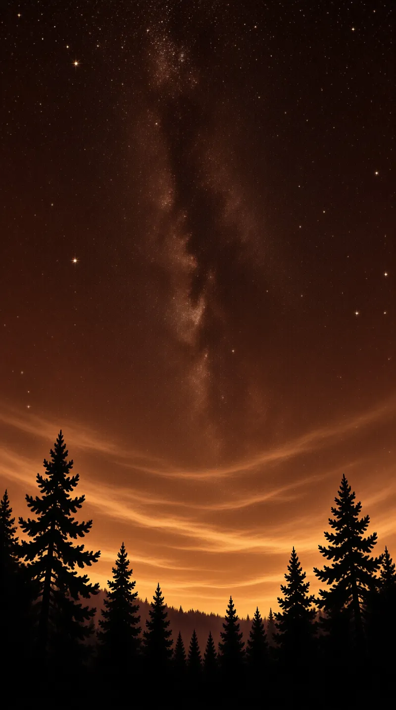 The Milky Way glows in warm amber tones above a jagged line of dark pine silhouettes under a starry night sky.