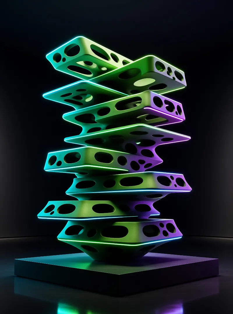 Neon green and violet plates with hollow cutouts twist upward in a stacked spiral on a black backdrop.