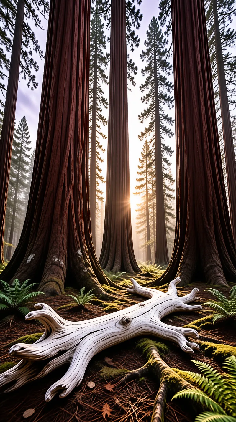Massive trees rise vertically in a misty forest while a white log lies on the mossy ground illuminated by sun.