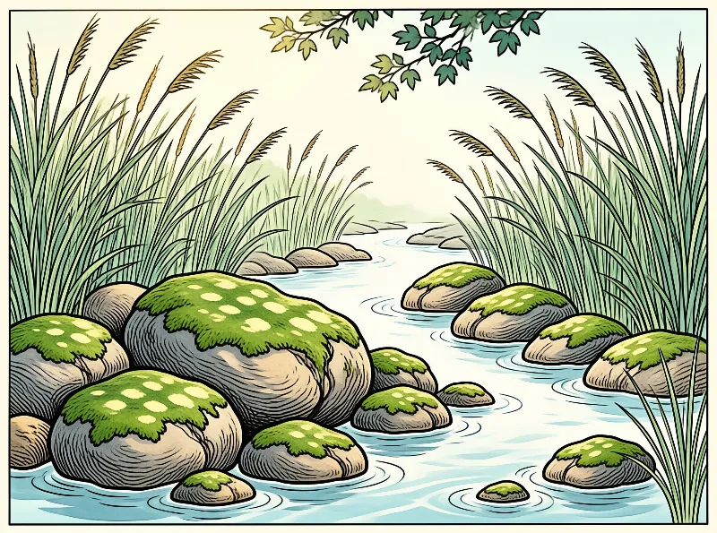 An illustration of a shallow stream flowing past moss-covered rocks and tall reeds framed by overhanging tree branches.