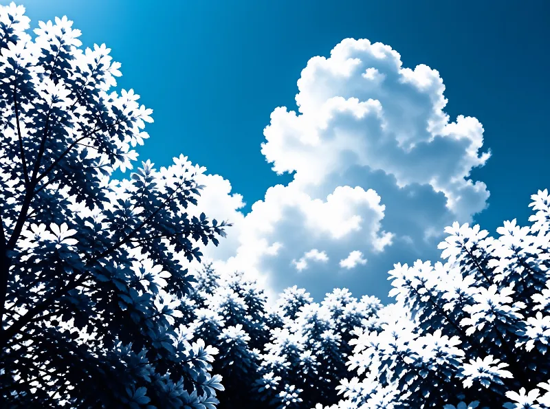 Large white cumulus clouds stand out against a deep blue sky while dark tree branches frame the lower view.