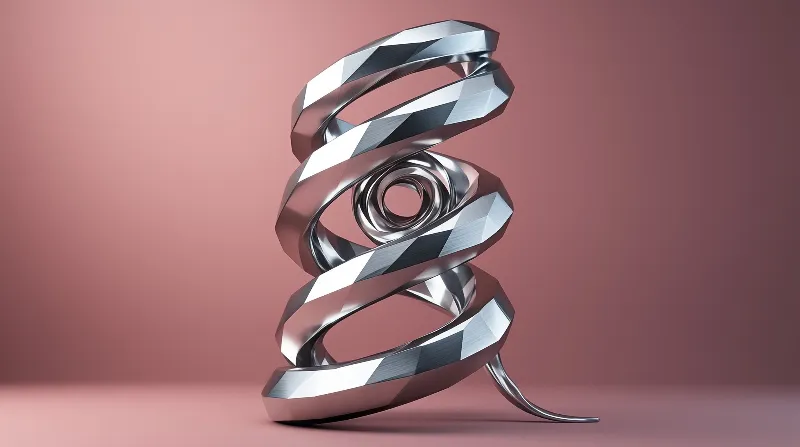 A faceted metallic spiral sculpture stands against a seamless soft pink surface