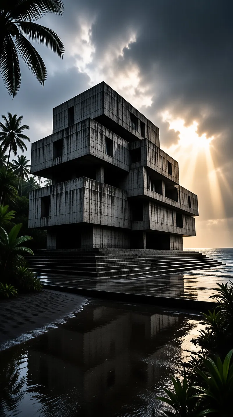 A massive grey concrete structure sits on a wet beach as dramatic sunbeams pierce the cloudy sky behind it.