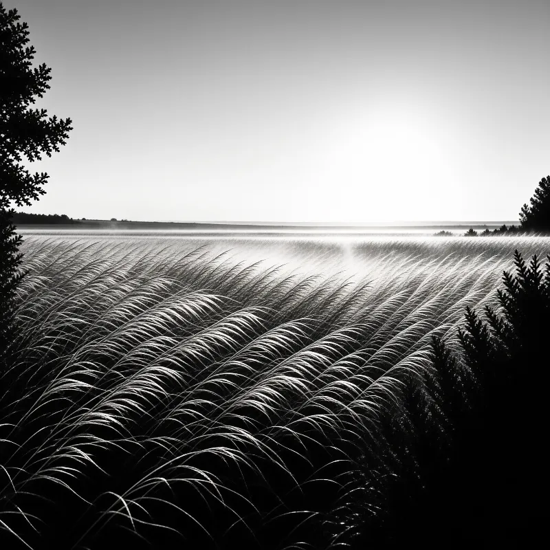 Long blades of feather grass bend in unison across a bright field, printed in deep blacks and pale greys.