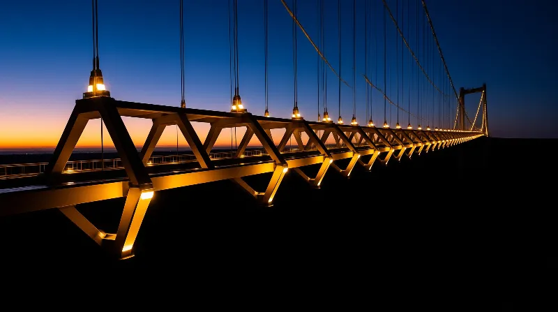 A steel truss bridge extends over dark water at dusk, highlighted by warm lights against a deep blue sky.