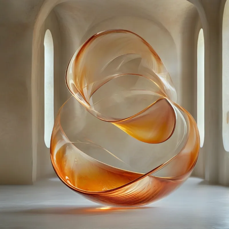 A twisted translucent amber object rests within a minimalist room featuring tall white arches and soft natural lighting.