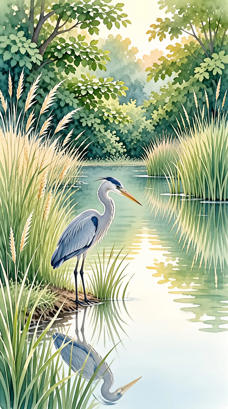 An illustrated blue heron stands in shallow water surrounded by tall reeds and lush green trees with its reflection.