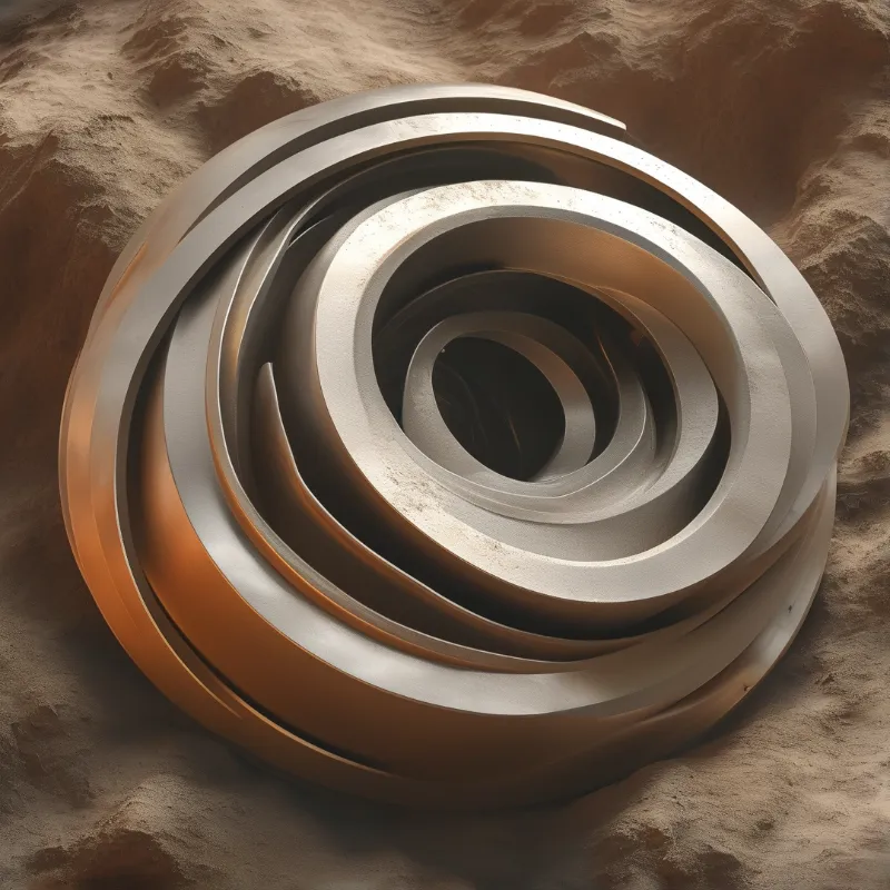 A large silver metallic spiral structure is partially buried within brown sandy terrain under soft lighting.