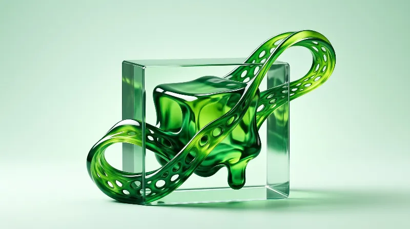 A clear rectangular block encases molten green glass threaded by a looping ribbon punched with round holes