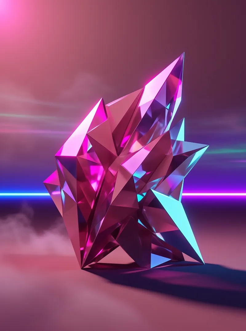 Faceted geometric crystal radiating magenta and cyan light against a gradient purple sky with horizon lines.