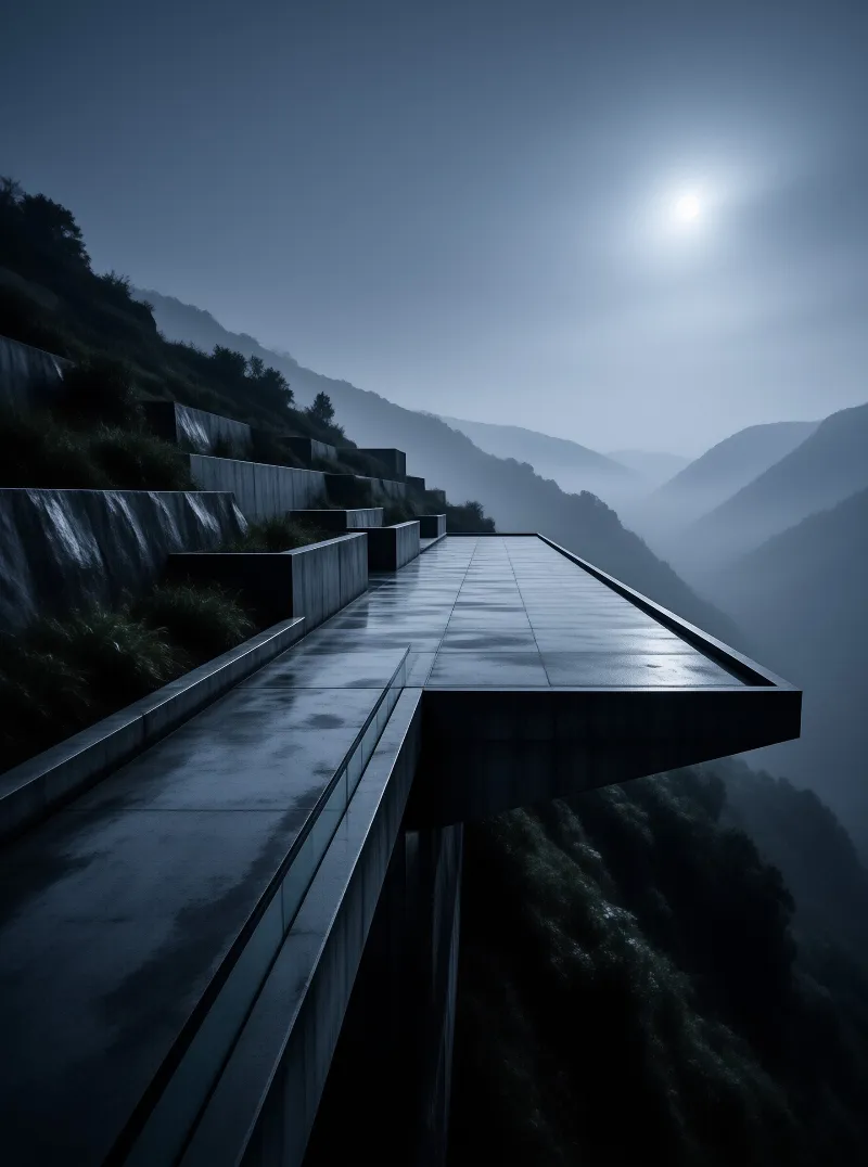 A sleek concrete platform juts out from a dark hillside into a foggy valley under a bright moonlight.
