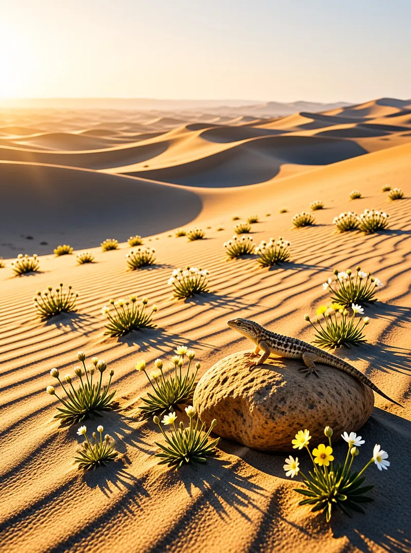 A desert lizard sits on a stone amidst scattered wildflowers within a rippled sand dune landscape bathed in warm sunlight.