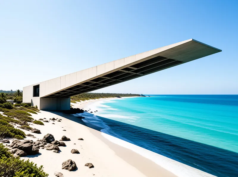 A massive white concrete beam extends horizontally over a pristine shoreline meeting vibrant turquoise ocean water.