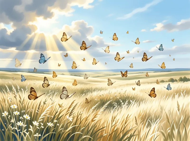 A diverse group of butterflies flutters over a sun-drenched meadow filled with tall grass and white flowers.