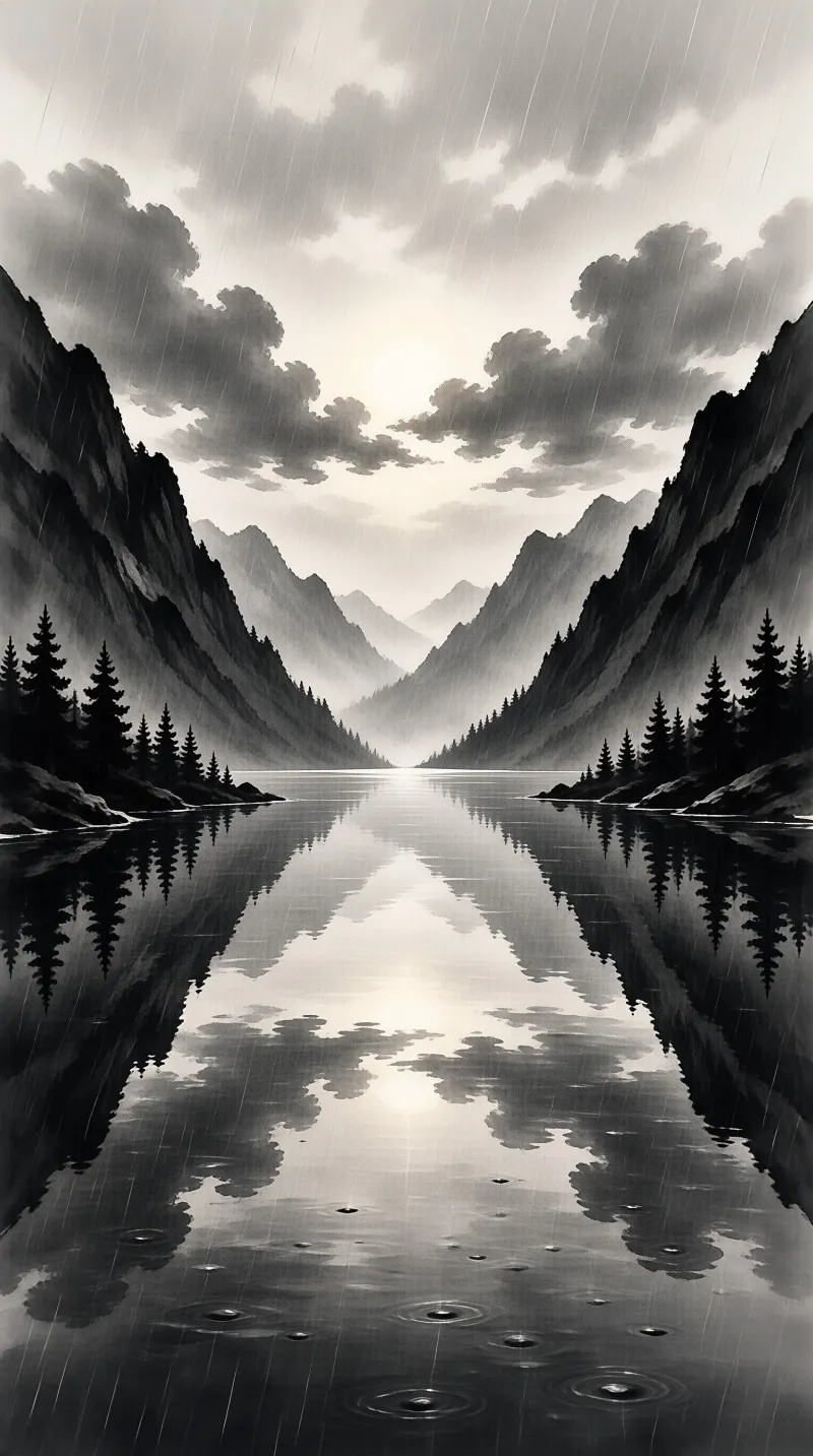 Dark evergreens and steep mountains mirror perfectly in a calm lake while rain ripples the water below.