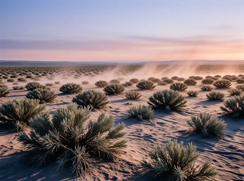 Scattered desert shrubs stand on rippled sand as wind blows dust across the landscape at sunset.