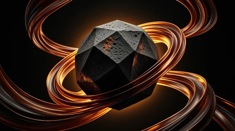 A dark porous polyhedral rock is encircled by flowing glossy copper ribbons glowing with warm light against a pitch black background