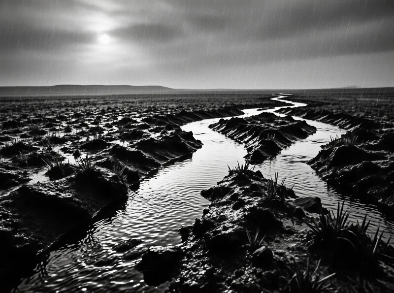 A moody black and white scene of a narrow water channel curving through a marshy field beneath falling rain.