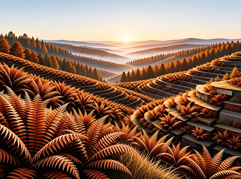 Large golden ferns cover terraced hillsides that curve toward a misty forest valley under a soft sunrise sky.