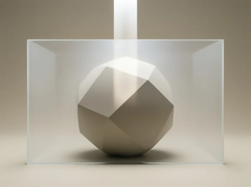 A low poly sphere sits inside a transparent cube illuminated by a vertical beam of white light on a beige background.