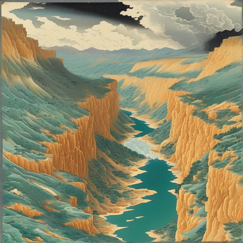 Stylized landscape art showing a teal river winding through a gorge of orange rock formations beneath a dramatic sky.