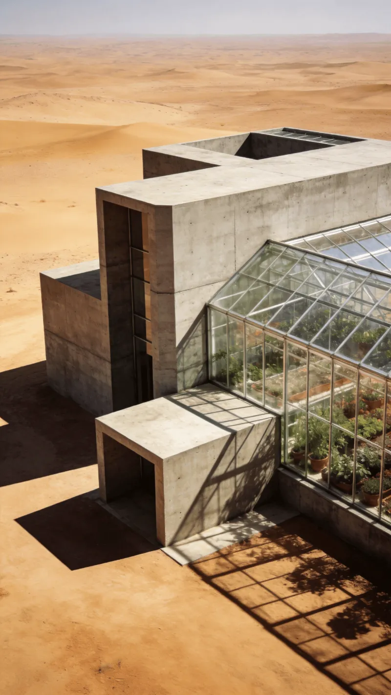 Greenhouse with Brutalist Massing — Desert Plain