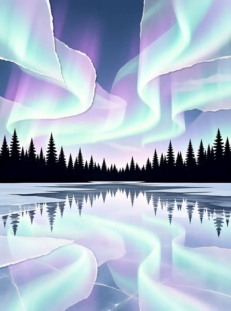 Green and violet northern lights swirl above a dark spruce treeline mirrored in an icy still lake.