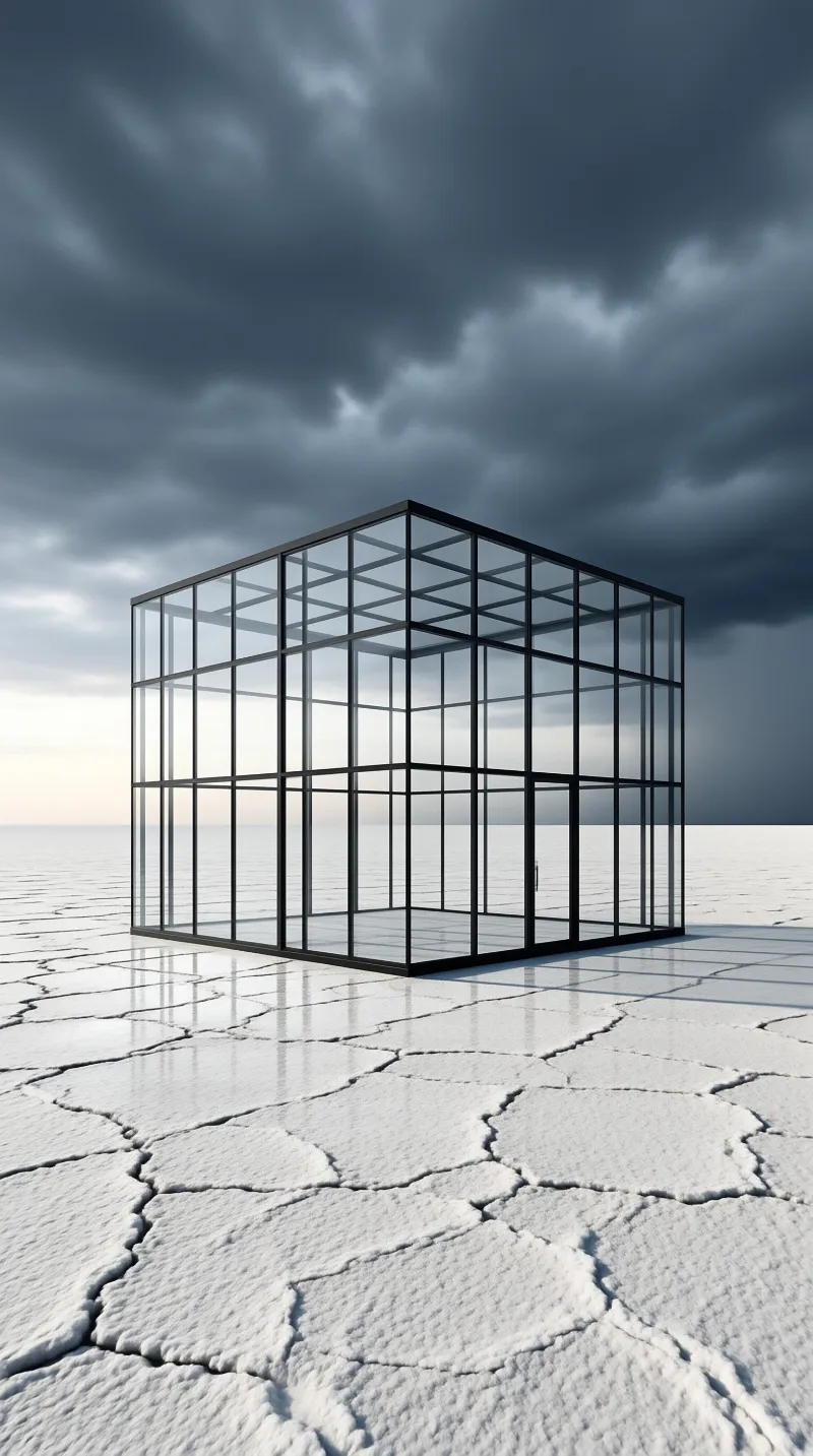 A transparent glass and metal grid cube stands alone on a vast cracked white salt flat beneath a dark stormy sky.