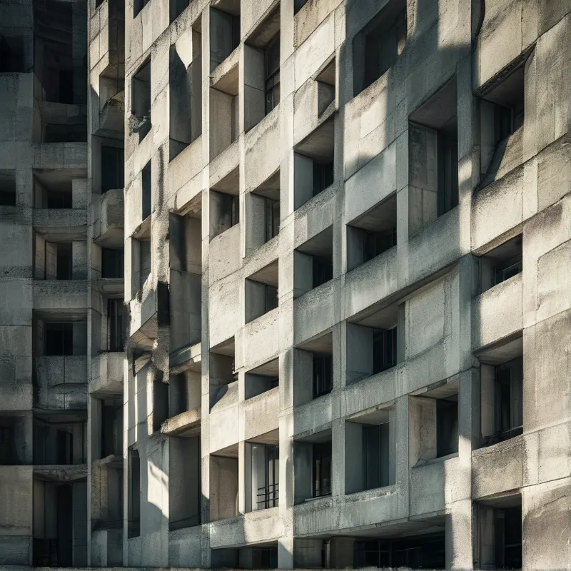 Vertical view of raw concrete architecture showing a grid of dark windows and bright sunlight hitting the facade.