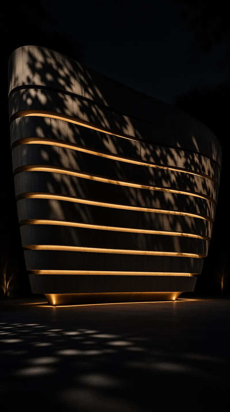 A curved concrete building displays warm horizontal light strips at night with dappled tree shadows cast upon its walls.