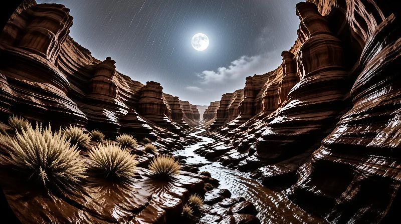 A stream winds through a dark layered canyon lit by a full moon while rain falls under a starry sky.