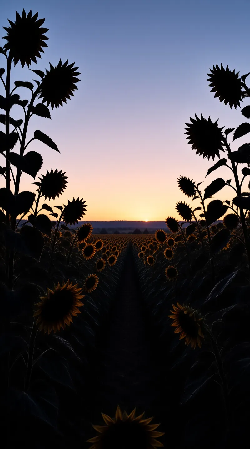 Tall sunflower silhouettes frame a long field leading toward a glowing horizon where the sun meets the earth.