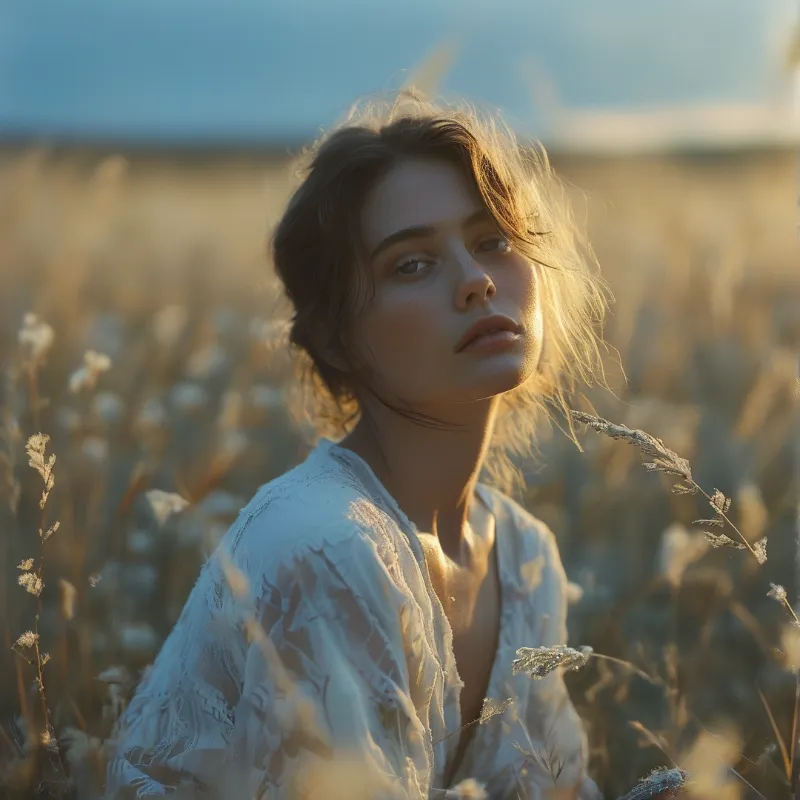 A windswept young woman stands amid tall dry wild grasses, lit from behind by warm golden sunset light that illuminates her face and hair