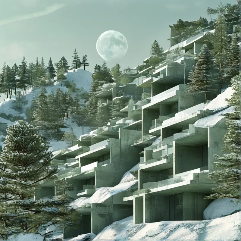 A zig-zagging concrete building is carved into a steep snow-covered slope dotted with evergreen trees while a large moon rises in the sky.
